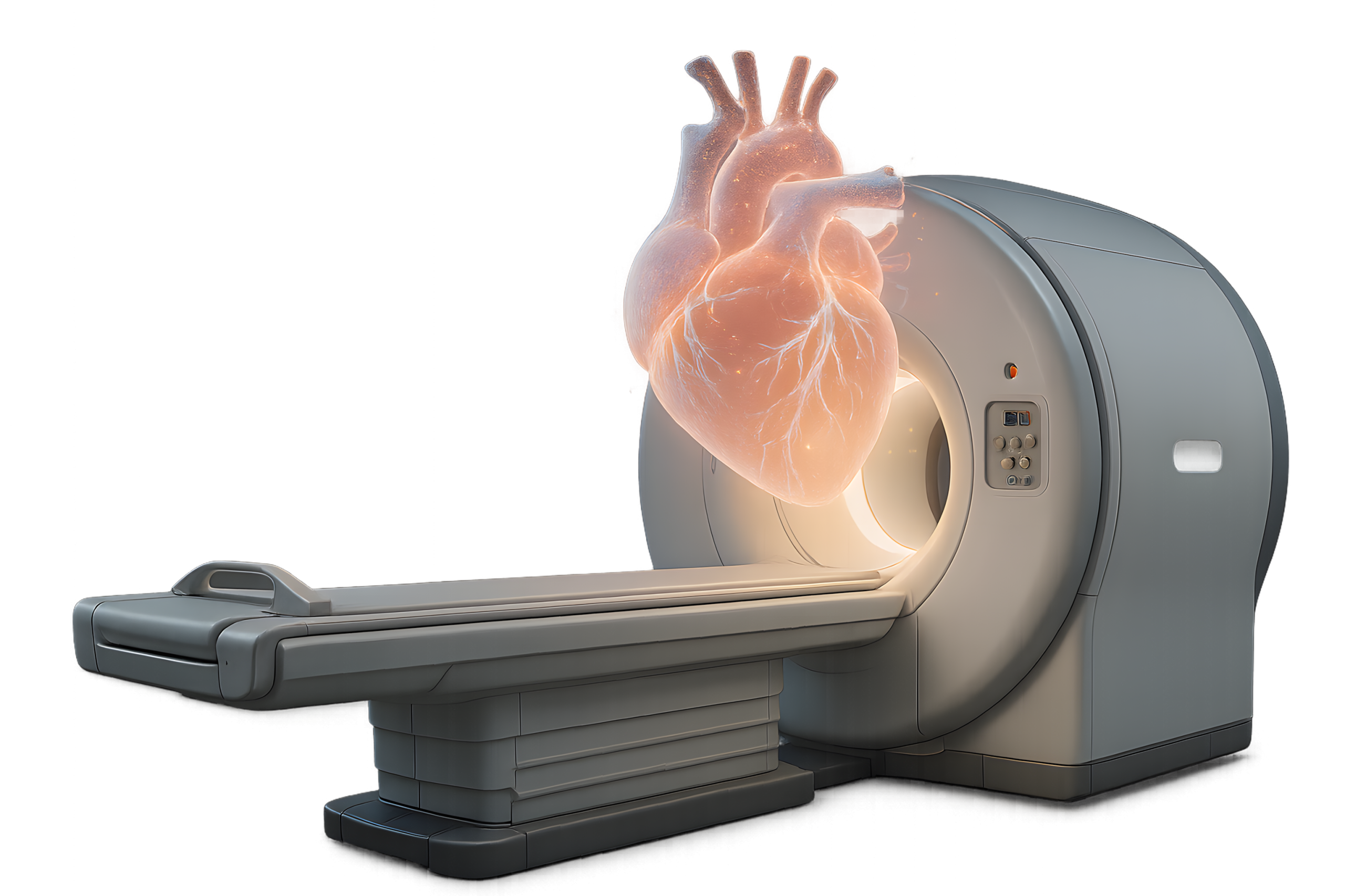 MRI scanner with a 3D-rendered human heart showing how cardiac MRI assesses heart structure, function, and blood vessels.